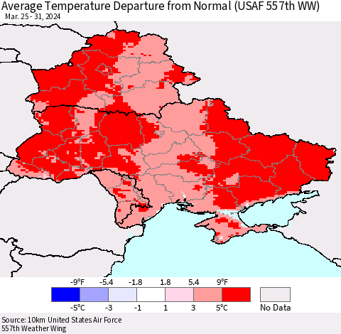 Ukraine, Moldova and Belarus Average Temperature Departure from Normal (USAF 557th WW) Thematic Map For 3/25/2024 - 3/31/2024