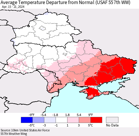 Ukraine, Moldova and Belarus Average Temperature Departure from Normal (USAF 557th WW) Thematic Map For 4/15/2024 - 4/21/2024