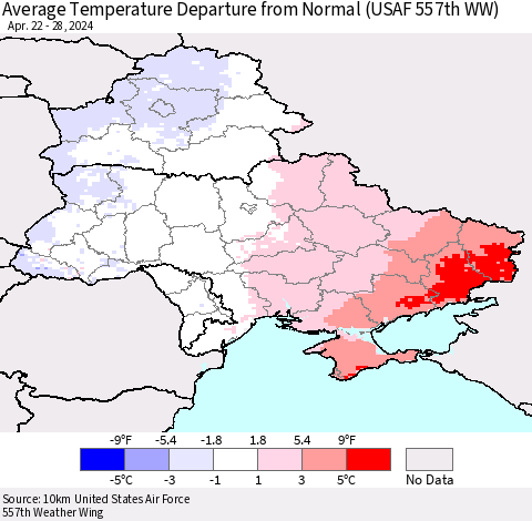 Ukraine, Moldova and Belarus Average Temperature Departure from Normal (USAF 557th WW) Thematic Map For 4/22/2024 - 4/28/2024