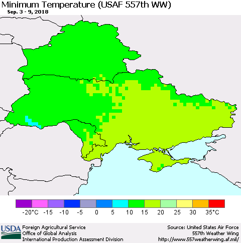 Ukraine, Moldova and Belarus Minimum Temperature (USAF 557th WW) Thematic Map For 9/3/2018 - 9/9/2018