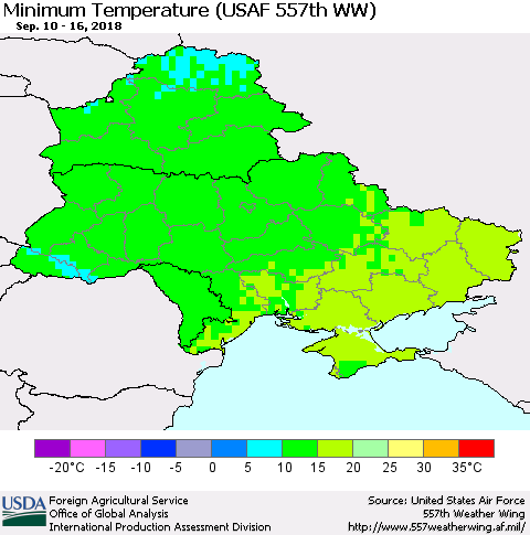 Ukraine, Moldova and Belarus Mean Minimum Temperature (USAF 557th WW) Thematic Map For 9/10/2018 - 9/16/2018