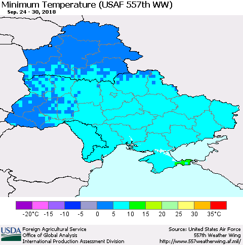 Ukraine, Moldova and Belarus Minimum Temperature (USAF 557th WW) Thematic Map For 9/24/2018 - 9/30/2018