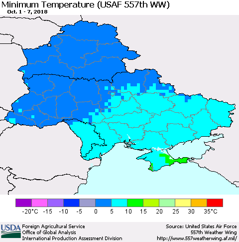 Ukraine, Moldova and Belarus Minimum Temperature (USAF 557th WW) Thematic Map For 10/1/2018 - 10/7/2018