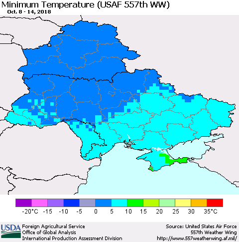 Ukraine, Moldova and Belarus Minimum Temperature (USAF 557th WW) Thematic Map For 10/8/2018 - 10/14/2018