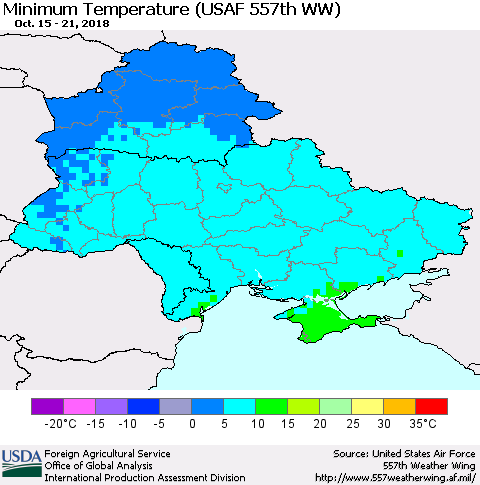 Ukraine, Moldova and Belarus Minimum Temperature (USAF 557th WW) Thematic Map For 10/15/2018 - 10/21/2018