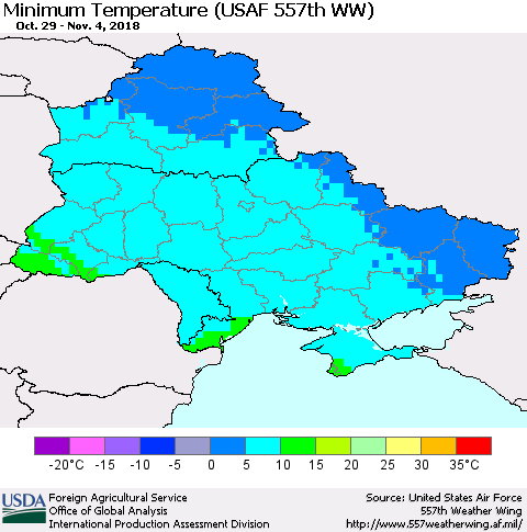 Ukraine, Moldova and Belarus Minimum Temperature (USAF 557th WW) Thematic Map For 10/29/2018 - 11/4/2018