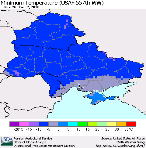 Ukraine, Moldova and Belarus Minimum Temperature (USAF 557th WW) Thematic Map For 11/26/2018 - 12/2/2018