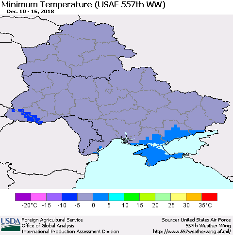 Ukraine, Moldova and Belarus Minimum Temperature (USAF 557th WW) Thematic Map For 12/10/2018 - 12/16/2018