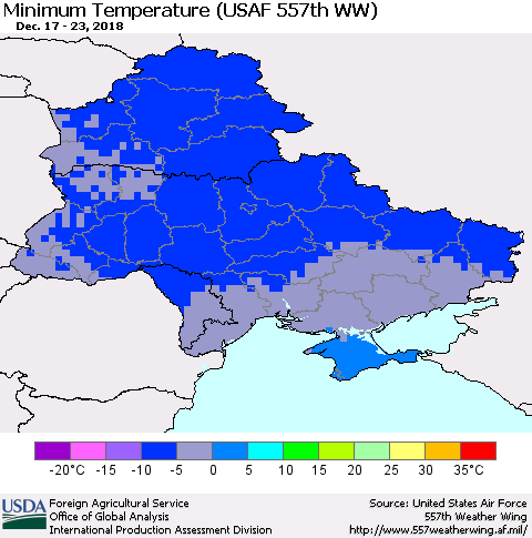 Ukraine, Moldova and Belarus Minimum Temperature (USAF 557th WW) Thematic Map For 12/17/2018 - 12/23/2018