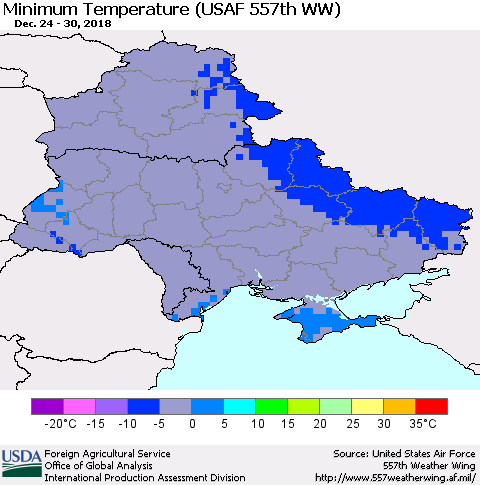 Ukraine, Moldova and Belarus Minimum Temperature (USAF 557th WW) Thematic Map For 12/24/2018 - 12/30/2018