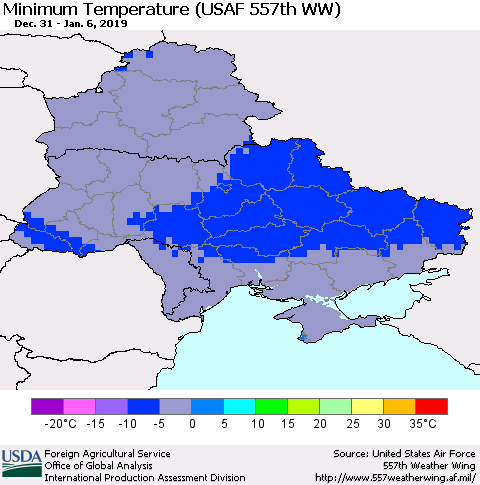 Ukraine, Moldova and Belarus Minimum Temperature (USAF 557th WW) Thematic Map For 12/31/2018 - 1/6/2019