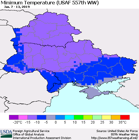 Ukraine, Moldova and Belarus Mean Minimum Temperature (USAF 557th WW) Thematic Map For 1/7/2019 - 1/13/2019