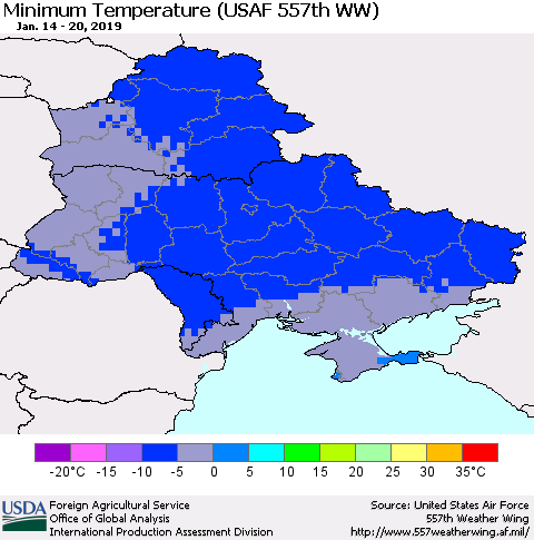 Ukraine, Moldova and Belarus Mean Minimum Temperature (USAF 557th WW) Thematic Map For 1/14/2019 - 1/20/2019
