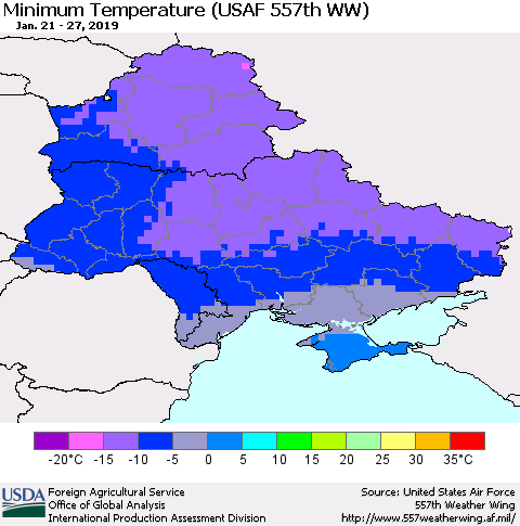 Ukraine, Moldova and Belarus Mean Minimum Temperature (USAF 557th WW) Thematic Map For 1/21/2019 - 1/27/2019