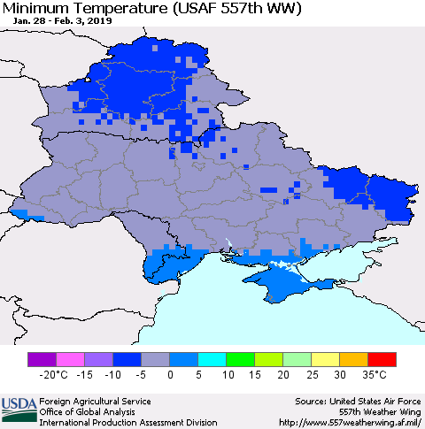 Ukraine, Moldova and Belarus Minimum Temperature (USAF 557th WW) Thematic Map For 1/28/2019 - 2/3/2019