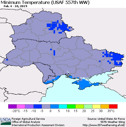 Ukraine, Moldova and Belarus Minimum Temperature (USAF 557th WW) Thematic Map For 2/4/2019 - 2/10/2019
