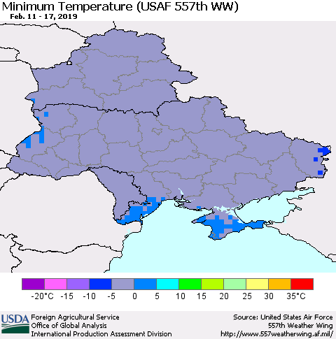Ukraine, Moldova and Belarus Minimum Temperature (USAF 557th WW) Thematic Map For 2/11/2019 - 2/17/2019