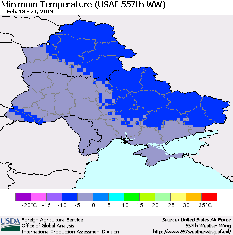 Ukraine, Moldova and Belarus Minimum Temperature (USAF 557th WW) Thematic Map For 2/18/2019 - 2/24/2019