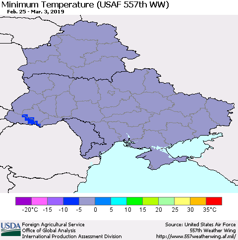 Ukraine, Moldova and Belarus Minimum Temperature (USAF 557th WW) Thematic Map For 2/25/2019 - 3/3/2019