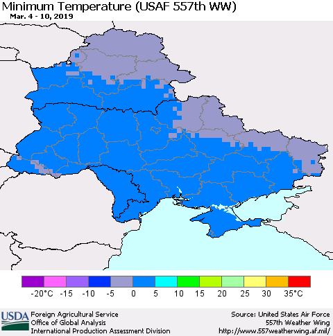 Ukraine, Moldova and Belarus Minimum Temperature (USAF 557th WW) Thematic Map For 3/4/2019 - 3/10/2019