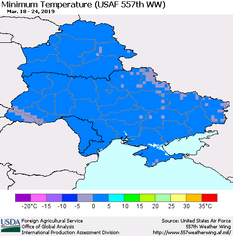 Ukraine, Moldova and Belarus Minimum Temperature (USAF 557th WW) Thematic Map For 3/18/2019 - 3/24/2019