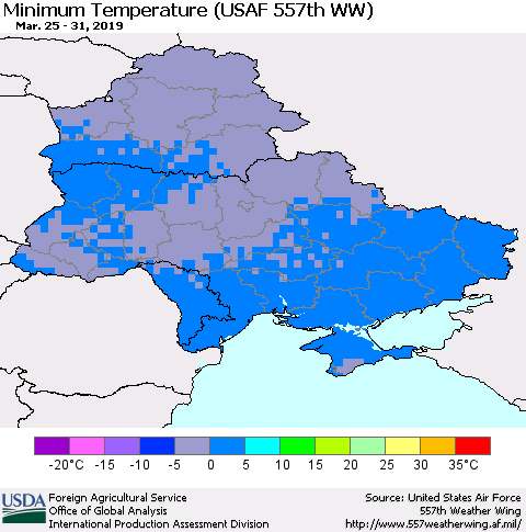 Ukraine, Moldova and Belarus Minimum Temperature (USAF 557th WW) Thematic Map For 3/25/2019 - 3/31/2019