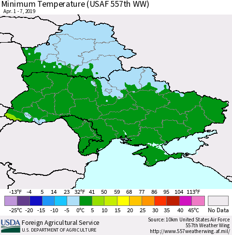 Ukraine, Moldova and Belarus Minimum Temperature (USAF 557th WW) Thematic Map For 4/1/2019 - 4/7/2019