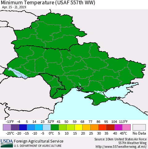 Ukraine, Moldova and Belarus Mean Minimum Temperature (USAF 557th WW) Thematic Map For 4/15/2019 - 4/21/2019