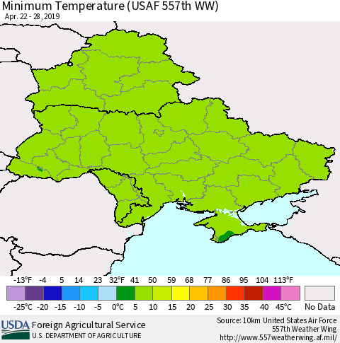 Ukraine, Moldova and Belarus Minimum Temperature (USAF 557th WW) Thematic Map For 4/22/2019 - 4/28/2019