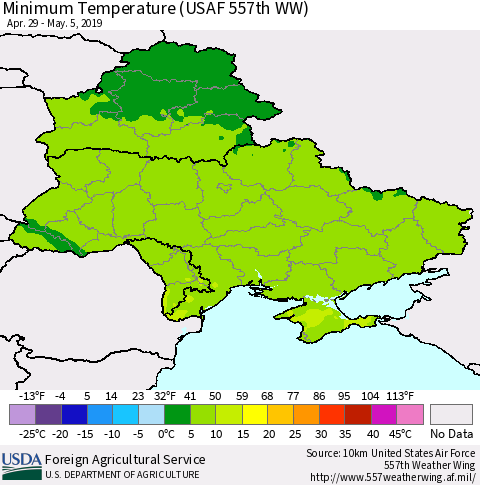 Ukraine, Moldova and Belarus Mean Minimum Temperature (USAF 557th WW) Thematic Map For 4/29/2019 - 5/5/2019