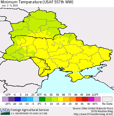 Ukraine, Moldova and Belarus Mean Minimum Temperature (USAF 557th WW) Thematic Map For 6/3/2019 - 6/9/2019