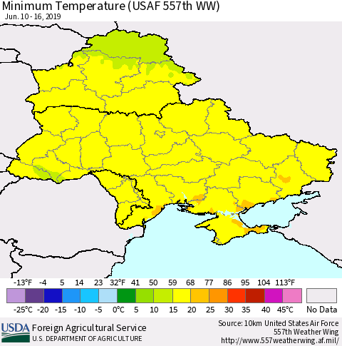 Ukraine, Moldova and Belarus Mean Minimum Temperature (USAF 557th WW) Thematic Map For 6/10/2019 - 6/16/2019