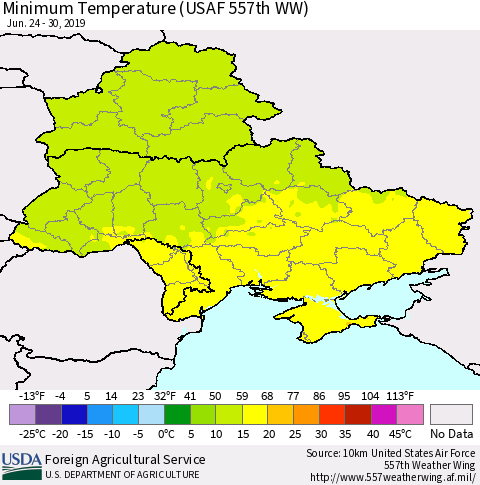 Ukraine, Moldova and Belarus Minimum Temperature (USAF 557th WW) Thematic Map For 6/24/2019 - 6/30/2019