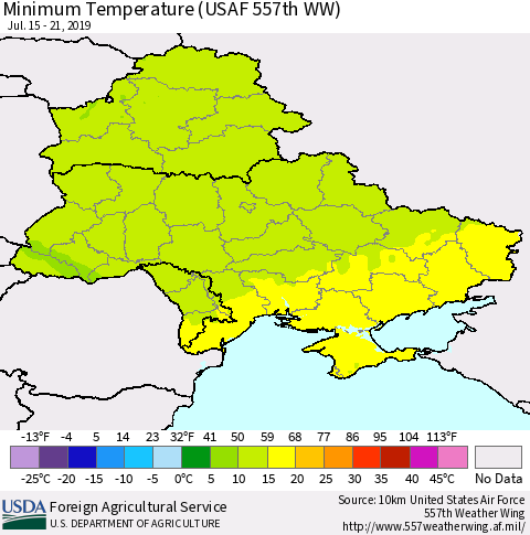 Ukraine, Moldova and Belarus Minimum Temperature (USAF 557th WW) Thematic Map For 7/15/2019 - 7/21/2019
