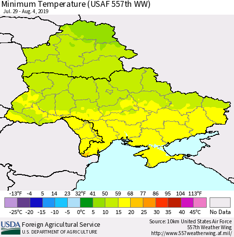 Ukraine, Moldova and Belarus Minimum Temperature (USAF 557th WW) Thematic Map For 7/29/2019 - 8/4/2019