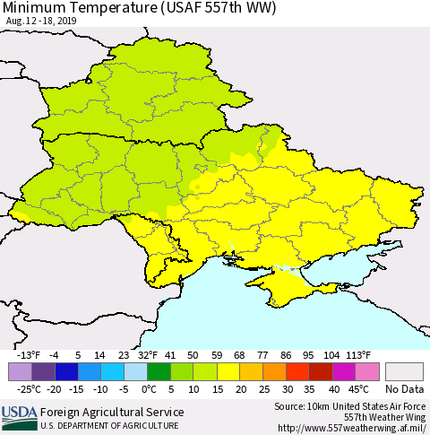 Ukraine, Moldova and Belarus Mean Minimum Temperature (USAF 557th WW) Thematic Map For 8/12/2019 - 8/18/2019
