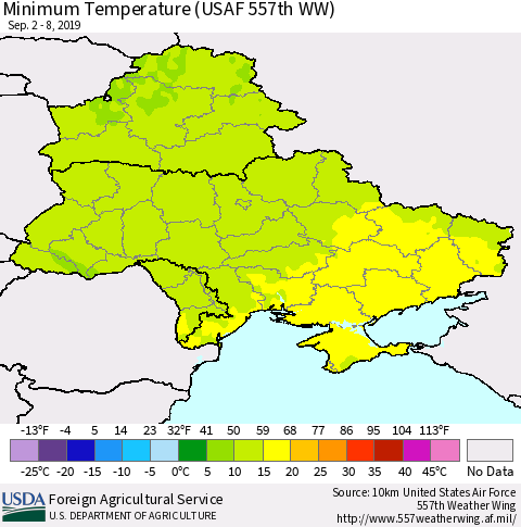 Ukraine, Moldova and Belarus Minimum Temperature (USAF 557th WW) Thematic Map For 9/2/2019 - 9/8/2019
