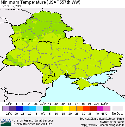 Ukraine, Moldova and Belarus Mean Minimum Temperature (USAF 557th WW) Thematic Map For 9/9/2019 - 9/15/2019
