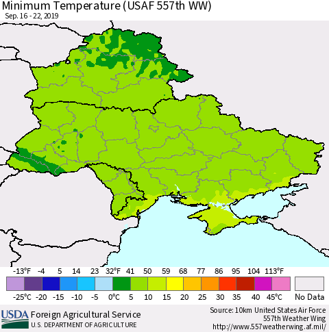 Ukraine, Moldova and Belarus Minimum Temperature (USAF 557th WW) Thematic Map For 9/16/2019 - 9/22/2019
