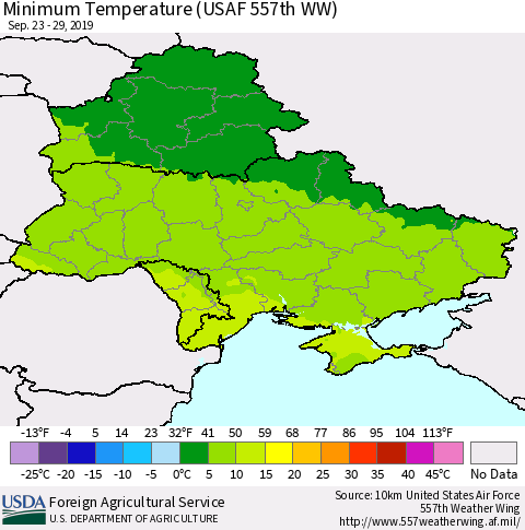Ukraine, Moldova and Belarus Minimum Temperature (USAF 557th WW) Thematic Map For 9/23/2019 - 9/29/2019