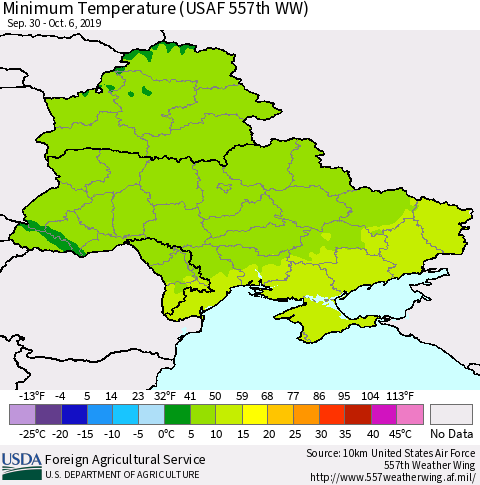 Ukraine, Moldova and Belarus Minimum Temperature (USAF 557th WW) Thematic Map For 9/30/2019 - 10/6/2019