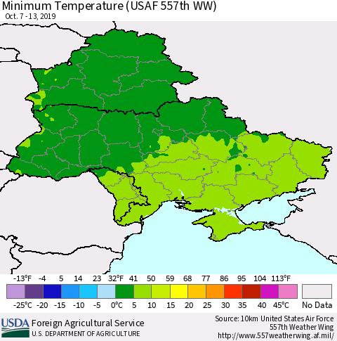 Ukraine, Moldova and Belarus Minimum Temperature (USAF 557th WW) Thematic Map For 10/7/2019 - 10/13/2019