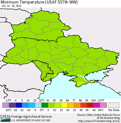 Ukraine, Moldova and Belarus Mean Minimum Temperature (USAF 557th WW) Thematic Map For 10/14/2019 - 10/20/2019