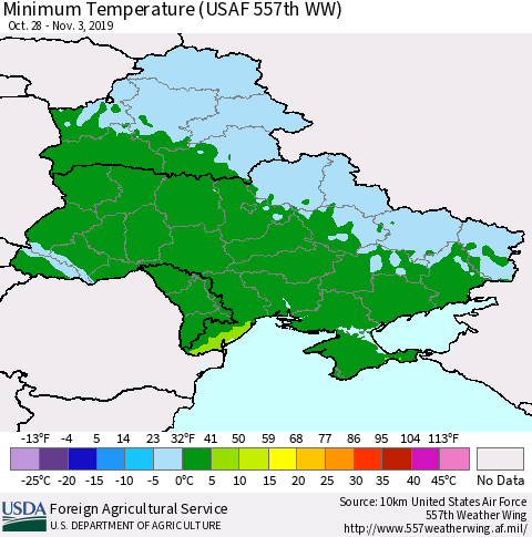 Ukraine, Moldova and Belarus Mean Minimum Temperature (USAF 557th WW) Thematic Map For 10/28/2019 - 11/3/2019