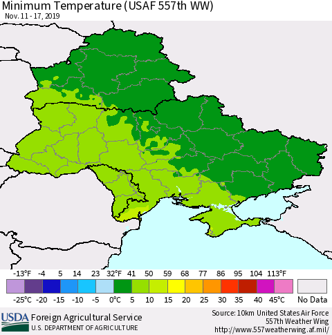 Ukraine, Moldova and Belarus Minimum Temperature (USAF 557th WW) Thematic Map For 11/11/2019 - 11/17/2019