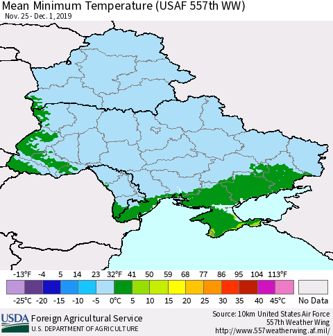 Ukraine, Moldova and Belarus Minimum Temperature (USAF 557th WW) Thematic Map For 11/25/2019 - 12/1/2019