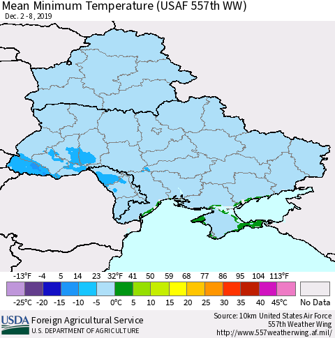 Ukraine, Moldova and Belarus Minimum Temperature (USAF 557th WW) Thematic Map For 12/2/2019 - 12/8/2019
