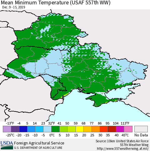 Ukraine, Moldova and Belarus Minimum Temperature (USAF 557th WW) Thematic Map For 12/9/2019 - 12/15/2019