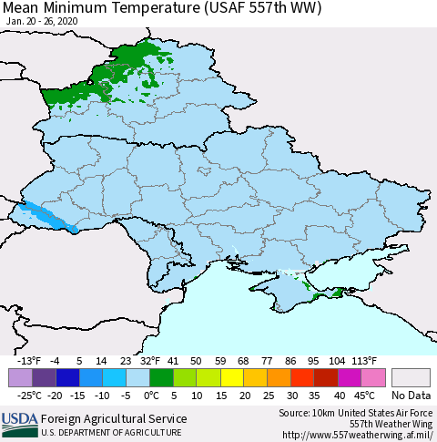 Ukraine, Moldova and Belarus Minimum Temperature (USAF 557th WW) Thematic Map For 1/20/2020 - 1/26/2020