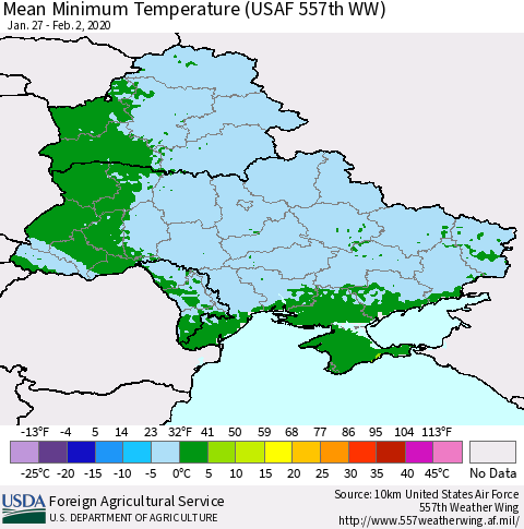 Ukraine, Moldova and Belarus Minimum Temperature (USAF 557th WW) Thematic Map For 1/27/2020 - 2/2/2020
